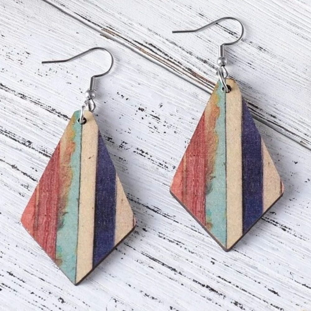 🌟3/$12 NEW Wooden Geometric Color Block Drop Pierced Earrings